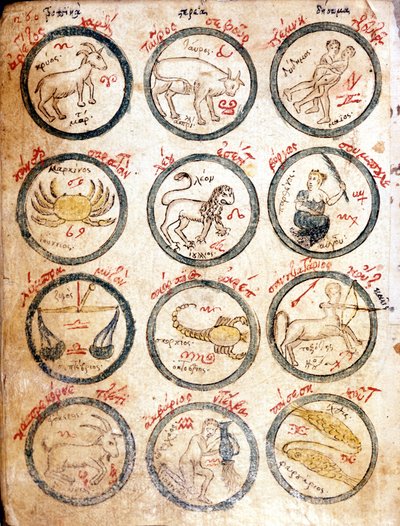 12 znaków zodiaku - w "Tablicach astrologicznych i kabalistyce", początek XV wieku. autorstwa Unknown artist