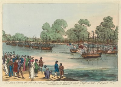 Akcja między brytyjską i amerykańską fregatą na Serpentynie, Hyde Park, 1 sierpnia 1814 r. autorstwa Unknown artist