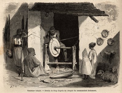 Rzemieślnik Turner Kabyle w swoim warsztacie tworzy ogromne drewniane mieszkanie, które jest wykorzystywane do wszelkich celów, zarówno domowych, jak i rolniczych, w Kabylii (Algieria). Grawer ilustrujący wycieczkę do wielkiego Kabilie, między Morzem Śródz autorstwa Unknown artist