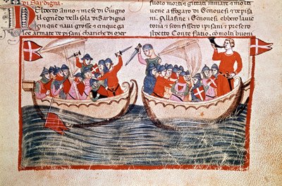 Bitwa pod Melorią, której kulminacją jest okupacja Korsyki przez Genuę. 1284. Rękopis. Biblioteca Watykańska autorstwa Unknown artist