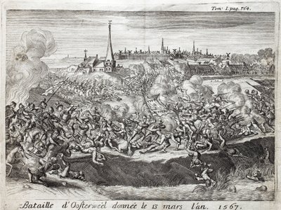 Bitwa pod Oosterweel (Holandia, Holandia), która odbyła się 13 marca 1567, pierwsza konfrontacja w wojnie osiemdziesięcioletniej (1567-1648). Grawerowanie ilustrujące „Historię wojny o Flandrię” Flamianusa Strady, wydanie Joseph T