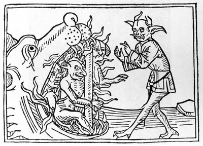 Proces Belialski: „Belialny demon powracający do wejścia do zaświatów”” Rycina z „Procesu Belialskiego” Jacobusa de Teramo (lub Palladino), Ausburg autorstwa Unknown artist