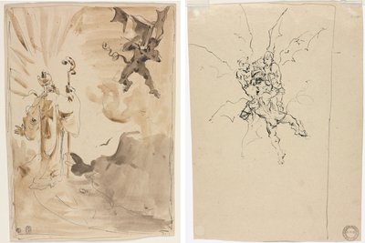 Biskup i Demon (recto); Trzy demony trzymające rycerza (verso) autorstwa Unknown artist