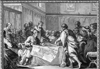 Imperium Karolingów zostało podzielone między trzech synów Ludwika Pobożnego: Lotara I, Ludwika Germańskiego i Karola Łysego, zgodnie z traktatem z Verdun (843). Rycina z XVIII wieku. autorstwa Unknown artist