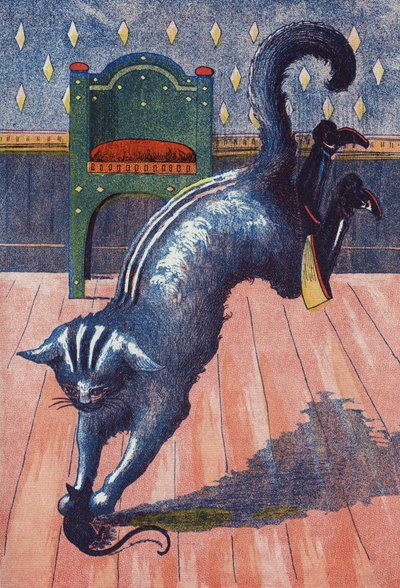 Kot rzuca zmiany w ogra w mysz. Ilustracja do „”Le chat Botte””, opowiadania Charlesa Perraulta (1628-1703), francuskiego pisarza. Anonimowa ilustracja. Zdjęcia Marcel Vagne, Jarville Nancy, bez daty (koniec XIX wieku). autorstwa Unknown artist