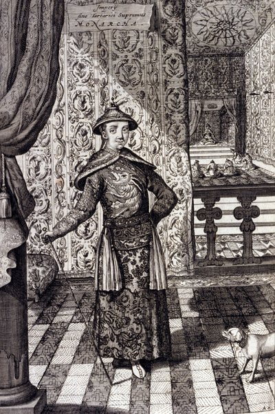 Cesarz Chin i Najwyższy Władca Tatarów - cesarz chiński Kangxi (1652-1722) dynastia Qing, rycina Athanasius Kircher (1601-1680) z „” China Monumentis, qua sacris qua profanis””” 1667 - cesarz chiński Kangxi (1652) -1722) Dynastia Qing, autorstwa Unknown artist