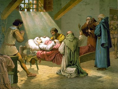 Śmierć Krzysztofa Kolumba 20/05/1506. Grawerowanie barwne z XIX wieku. autorstwa Unknown artist