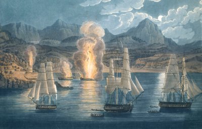 Anglicy niszczący francuskie okręty w zatoce Sagone na Korsyce 30 kwietnia 1811 r. (kolorowana akwatinta) autorstwa Unknown artist