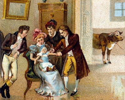 Angielski lekarz Edouard Jenner (1749-1823) zaszczepia ospę w ramię nowego, aby go zaszczepić. Krowa, od której pobrano serum, znajduje się na dole. chromolitografia z XIX wieku. autorstwa Unknown artist