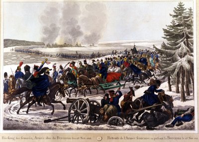Wojska francuskie wycofały się, mijając Beresinę (Berezynę) 26.11.1812 r. Rycina XIX wieku. autorstwa Unknown artist