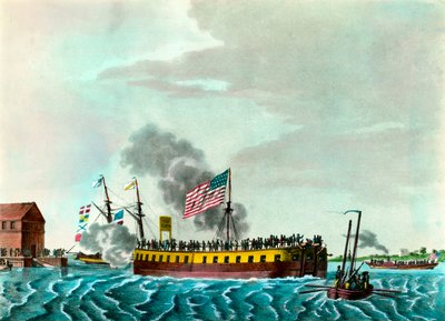 Fulton Steam Fregata „Manewrowanie w porcie w Nowym Jorku w Stanach Zjednoczonych”” Grawerowanie około 1807 r. Kolekcja prywatna autorstwa Unknown artist