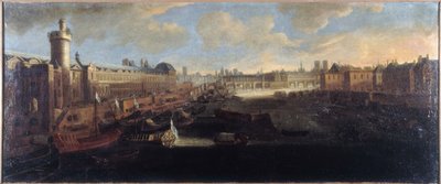 Grande Galerie Luwru, z Porte Neuve, Pont-Neuf, Cité, Collège des Quatres-Nations w budowie i Quai Malaquais, ok. 1665 r., nad Sekwaną królewska galera, dzisiejsze 1. i 6. dzielnica, między 1660 r. a 1660 r. autorstwa Unknown artist