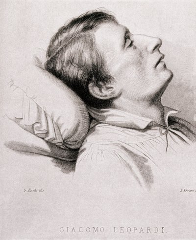 Włoski poeta Giacomo Leopardi (1798-1837) na łożu śmierci. Grawerowanie XIX wieku autorstwa Unknown artist