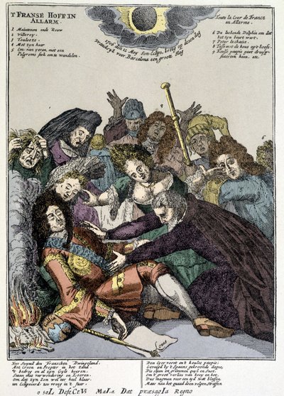 Król zemdlał, a dworzanie otoczyli go, opłakiwani: kpina na klapach Ludwika XIV w Holandii i Włoszech w 1706 r. autorstwa Unknown artist