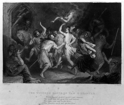 The Legend of Cutty Sark według wiersza Roberta Burnsa: taniec czarownic. Rycina XIX wieku autorstwa Unknown artist