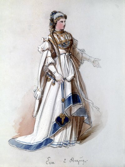 The Master Singers of Norymberga (Die Meistersinger von Nürnberg), opera stworzona przez Richarda Wagnera: kostium Ewy do pierwszego przedstawienia. Muzeum Wagnera w Bayreuth. autorstwa Unknown artist