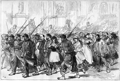 Komuna Paryska w 1871 r. Konwój Federes (komunardów) wzięty do niewoli, przechodzący przez Place de l