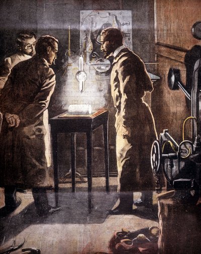 Rentgen (Rontgen) lub promieniowanie rentgenowskie. Odkryta w 1895 roku. Ilustracja przedstawiająca eksperyment. autorstwa Unknown artist