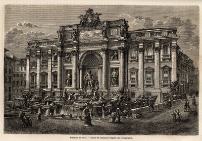 Fontanna di Trevi w Rzymie, ukończona w 1762 roku, jest przykładem utrwalenia we Włoszech stylu barokowego w XVIII wieku, wzorowanego na Palazzo Poli, to monumentalne dzieło w formie łuku triumfalnego miażdży maleńki plac, na którym jest usytuowany. autorstwa Unknown artist