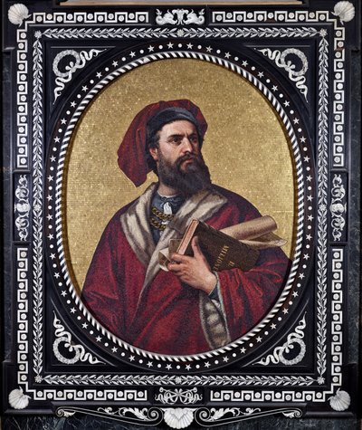 Wenecki odkrywca Marco Polo trzymający pod pachą dzieło „Księga cudów”, odtwarzający swoje podróże autorstwa Unknown artist