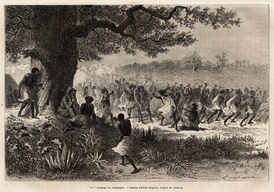 Vouagogo (plemię Tanzanii) przygotowujące się do wojny, pod drzewem, autor opowiadania Henry Morton Stanley (1841-1904). Rycina ilustrująca podróż w poszukiwaniu Livingstone w środkowej Afryce autorstwa Henry