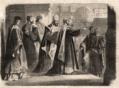 Arcybiskup św Ambroży z Mediolanu (Aurelius Ambrosius, Ambrogio di Milano (340-397) zabronił wejścia do kościoła cesarzowi rzymskiemu Teodozjuszowi I (Flavius Theodosius) (347-395), aby ukarać go za masakrę w Tesalonice w 390 - Excommunicati autorstwa Unknown artist