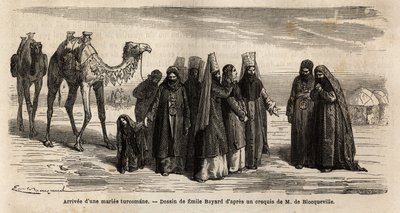 Przybycie żony Turczynki (Turkmenistan) do rodziny męża; córki nie wychodzą za mąż przed ukończeniem 17 roku życia, są wybierane przez męża, który negocjuje posag (który przekazuje rodzinie przyszłej żony) oraz warunki małżeństwa. Rytownictwo autorstwa Unknown artist