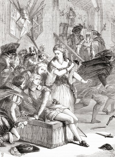 Zabójstwo Gustawa III przez Jackoba Johana Anckarströma na balu maskowym, Sztokholm, Szwecja, 1792 r. (rycina) autorstwa Unknown artist