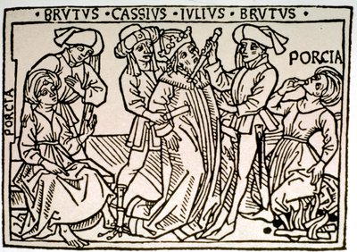 Zabójstwo Julesa Cesara (100-44 pne): zostaje zadźgany przez Brutusa i Kasjusza, podczas gdy Porcie, żona Brutusa znika. Ksylografia XVI-wiecznego Rzymu, Biblioteca Vallicelliana ©Luisa Ricciarini/Leemage autorstwa Unknown artist
