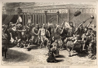 Bachanalia piwowarów, w sylwestra, po otrzymaniu wynagrodzenia i festynie, wchodzą w radosną i hałaśliwą procesję w Edo (dzisiejsze Tokio), wyposażeni w ogromny zlew do sake i długą miotełkę do przesuwania sufitów , książę d autorstwa Unknown artist