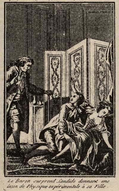 Baron zaskakuje Kandyda, dając lekcję fizyki eksperymentalnej swojej córce Frontispice za „Kandyda” Francois Marie Arouet dit Voltaire. autorstwa Unknown artist