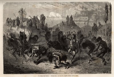 Taniec bizonów wykonywany przez wojowników z Indian Mandans (lub noumah ka kie: bażanty) na lewym brzegu Missouri. Rycina ilustrująca wyprawę wśród plemion indiańskich w dorzeczach Kolumbii i Górnej Missouri, G. Catlin, 1855, s. autorstwa Unknown artist