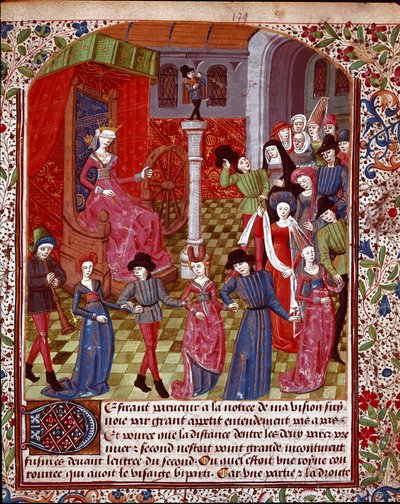 Ślepa Fortuna obracająca Kołem, ludzie przed nią to alegoria Przeznaczenia, Szczęścia i Miniaturowego Malheura zaczerpnięta z „Tesor of Sapience” (lub „Traktatu zakochanego ogrodu”) Jeana Gersona (1363-1429) (ms. 1513, k. 179 r.) XV w autorstwa Unknown artist