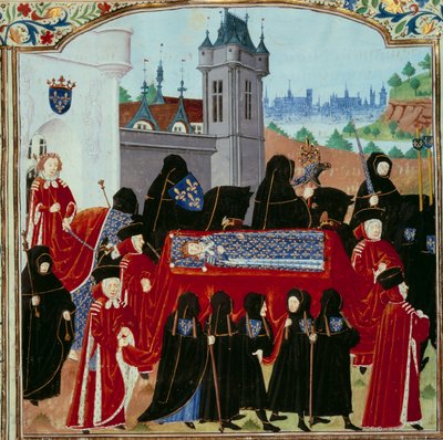 Ciało zmarłego króla Karola VI (1368-1422) zostaje wywiezione, za procesję nowego króla Karola VII (1403-1461) Miniatura z 22.10.1422 r. z rękopisu „Kroniki Karola VII” .fr. 2691) przez Jean Chartier autorstwa Unknown artist