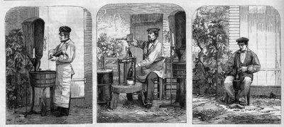 Butelkowanie wina szampana. Grawerunek z 1864 roku. autorstwa Unknown artist
