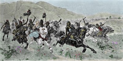 Szarża Hunów pod dowództwem Attyli (405-453), zwlekająca z Włochami, V w. - Grawerowanie U. Checa autorstwa Unknown artist