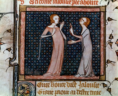 Kolokwium Miniatura Zazdrości i Wstydu w „Roman de la rose” Jean de Meun, Jean de Meung lub Jean Chopinel, Jean Clopinel (v.1240-1305), ok. 1370. Paryż, bibliotheque Sainte Genevieve autorstwa Unknown artist