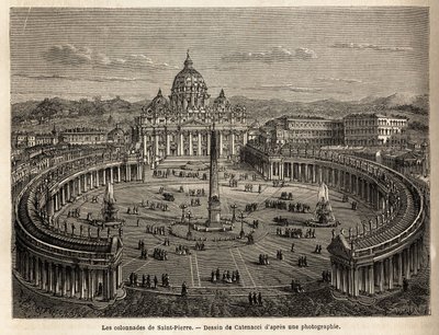 Kolumnady św. Piotra w Watykanie, sprowadzone przez Berniniego (1598-1680) z 1655 r. na planie eliptycznym, stały się powszechnym miejscem architektury barokowej i rokokowej. Grawerowanie ilustrujące podróż do Rzymu, Francis Wey, w latach 1864-1868, publis autorstwa Unknown artist
