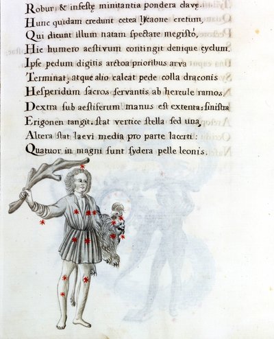 Przedstawiona konstelacja to konstelacja Bouvier (lub Buta), która podtrzymuje włosy Bereniki lewą ręką. Strona z XVIII-wiecznego rękopisu opartego na oryginalnym rękopisie „Astronomica” Biasino da Parmy (Blaise of Parma) (1425-1457) datowanego autorstwa Unknown artist