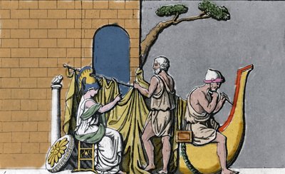 Budowa statku Argo, w asyście Minerwy, ze świętego drewna dębów Dodone. autorstwa Unknown artist
