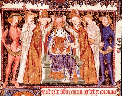 Koronacja króla Prawdopodobnie króla Anglii Ryszarda II (1367-1400). Miniatura z rękopisu o obrzędach koronacyjnych „Liber regalis” Pampeluna z XIV w., archiwum Nawarry autorstwa Unknown artist