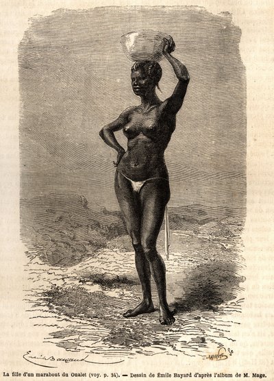Córka marabuta z Oualet (Mauretania), nosząca na głowie jatte do robienia czarnego mydła. Grawer ilustrujący podróż do Sudanu Zachodniego porucznika (marynarki) M.Mage, w latach 1863-1866, opublikowany w „Le tour du monde, nouveau journal des voyages” autorstwa Unknown artist