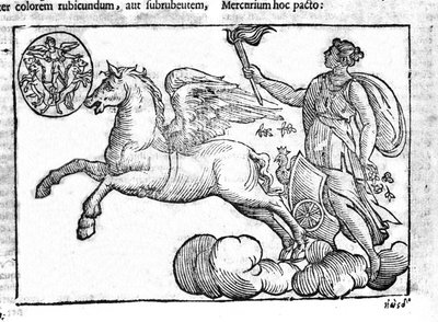 Świt (rydwan słońca). Alegoria wschodu słońca z postaciami z mitologii greckiej i rzymskiej na niebie. Grawer z „Mitologii i wyjaśnień bajek” Natalisa Comitisa. 1637. autorstwa Unknown artist