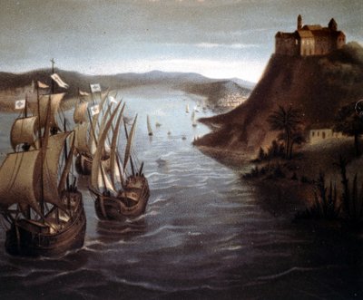 Odejście Krzysztofa Kolumba z Palos. XIX-wieczna chromolitografia. autorstwa Unknown artist
