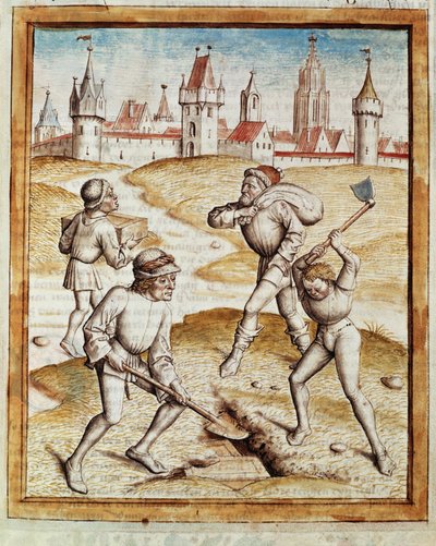 Odkrycie skarbnika na przedmieściach warownego miasta Miniatura zaczerpnięta z niemieckiego przekładu bajek „Kalila (Calila) i Dimna” Bidpaia. (ms. 1389, k. 1) ok. 1480 Chantilly, muzeum Conde autorstwa Unknown artist