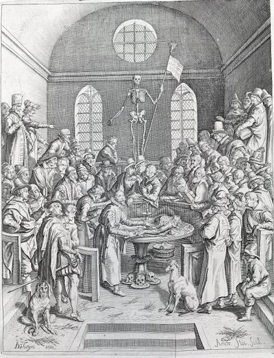 Prowadzenie sekcji Grupa lekarzy i naukowców zjednoczyła się, aby prześledzić sekcję w amfiteatrze. Grawerowanie z 1788 autorstwa Unknown artist