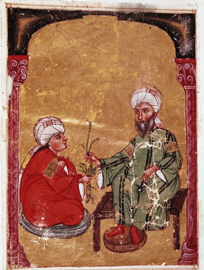 Lekarz i botanik Pedanius Dioscoride (Pedanius Dioscorides) (40-90 ne) siedzący z jednym ze swoich uczniów Miniatura z jego traktatu „De materia medica” (ms Ahmed III, 2147, folio 217a) 1229 Biblioteka Muzeum Topkapi Sarayi, Stambuł autorstwa Unknown artist
