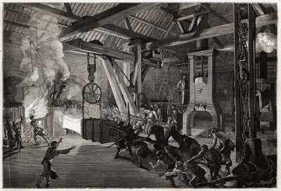 Młot perkusisty (perkusista) ma kuźnię wielkich dzieł; ogromny kawałek do wykucia wychodzi z pieca, olśniewający mężczyźni manewrują, by wsunąć go pod podudzie. Grawerowanie ilustrujące podróż do Creusot i kopalni Saone i Loire w 1865 r. przez L.S. autorstwa Unknown artist