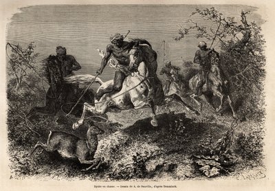 Dyakowie (rodzimy na Borneo) broń myśliwska, jeździecka i lassos. Rycina ilustrująca podróż po archipelagu malezyjskim, autorstwa Alfreda Russella Wallace