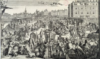 Zakłopotanie Pont Neuf w Paryżu. Ilustracja przedstawiająca ruch uliczny i korki na ulicach Paryża w XVIII wieku. Rycina z 1710 r. Paryż, Musee Carnavalet autorstwa Unknown artist